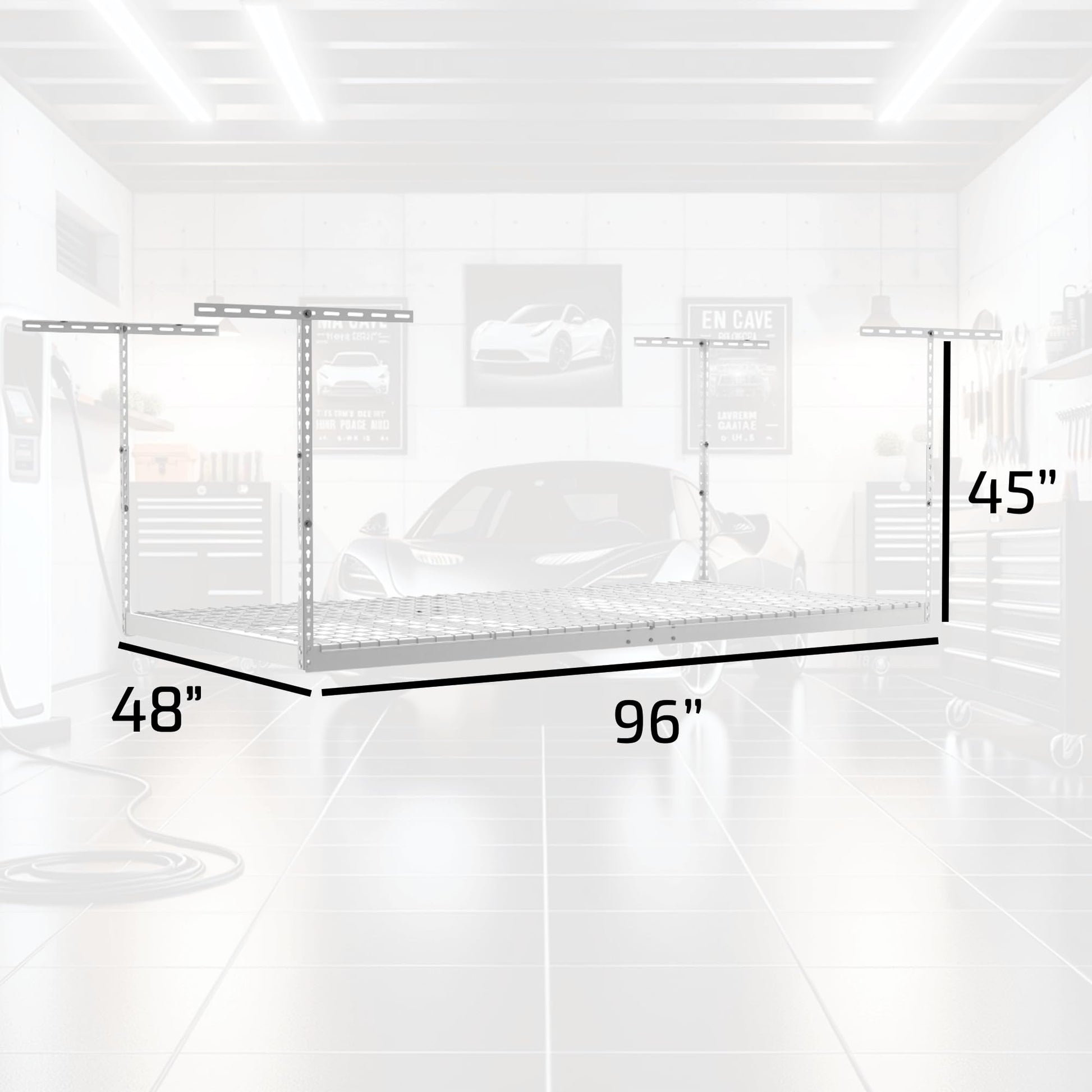 MonsterRax Overhead Garage Storage Rack - 4 x 8 Ceiling Shelving, Adjustable Hanging Storage, Color: White, 24"-45" Ceiling Drop - WoodArtSupply