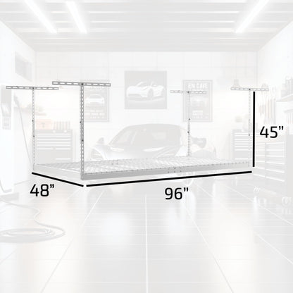 MonsterRax Overhead Garage Storage Rack - 4 x 8 Ceiling Shelving, Adjustable Hanging Storage, Color: White, 24"-45" Ceiling Drop - WoodArtSupply