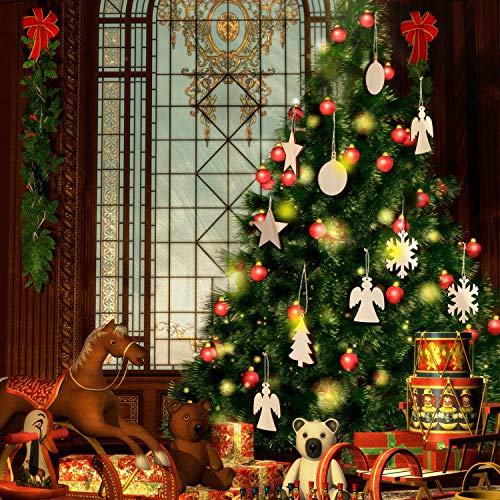 Tatuo 50 Pieces Christmas Wooden Ornaments Wood Snowflake Angel Star Christmas Tree Round Discs Decorations Hanging Embellishments with 50 Pieces Tatuo