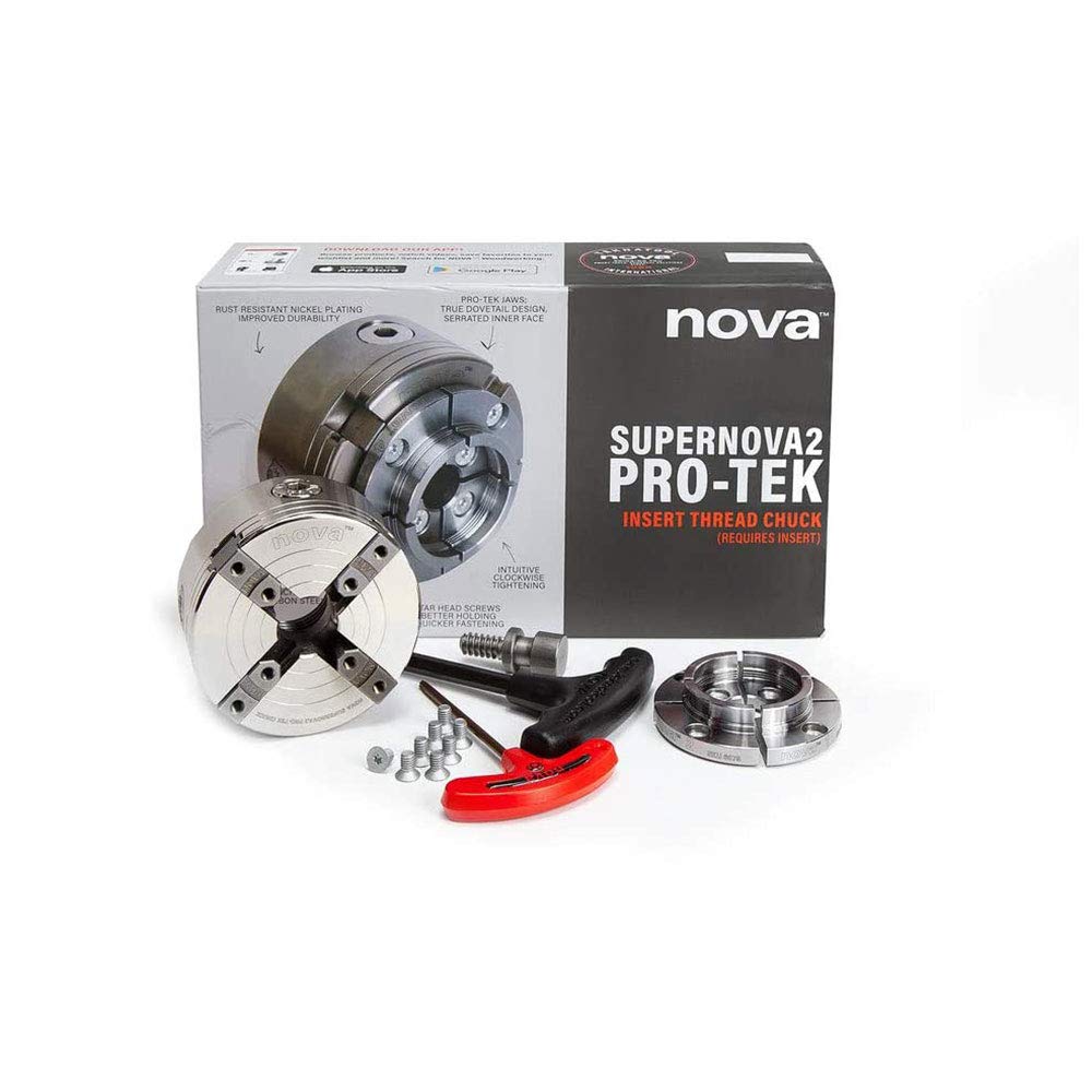 NOVA 23262 SUPERNOVA2 Insert Type Wood Turning Nickel Plated Chuck and Laser Etched Precise Jaw Set with T Bar Wrench and 6 Point Star Fasteners - WoodArtSupply