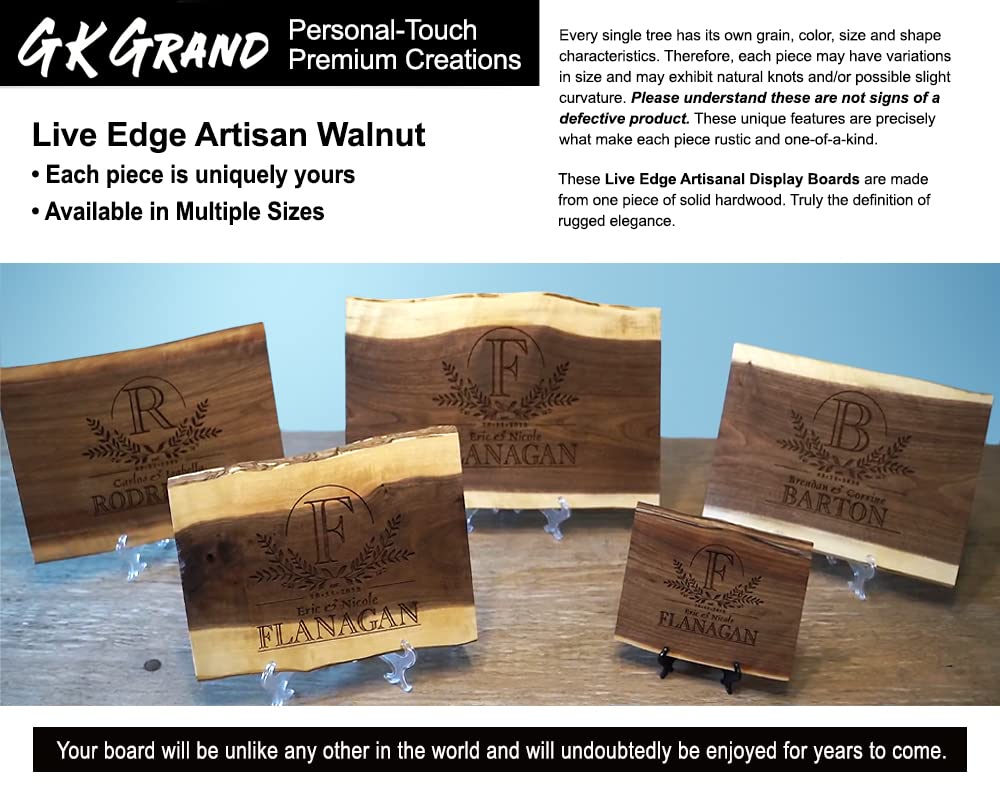 Personalized Cutting Board Wedding Gift – Walnut Live Edge Wood Customized Monogramed Bride Groom Unique Engraved Rustic Elegance Display Newlywed GK Grand Personal-Touch Premium Creations