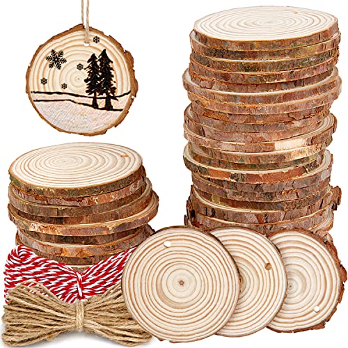 50Pcs 2.4"-2.8" Natural Wooden Slices,Colovis Unfinished Wood Circles with Holes Tree Bark Round Log Discs DIY Crafts Hanging Ornaments (50 Pcs,