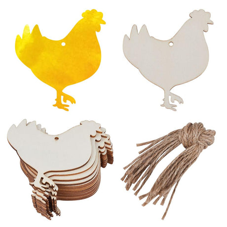 GORGECRAFT 20PCS Rooster Wooden Cutout Unfinished Wood Tags Pendants Animal Wood Slices Ornaments Hanging Sets with Hole Ropes for Crafts Wedding GORGECRAFT