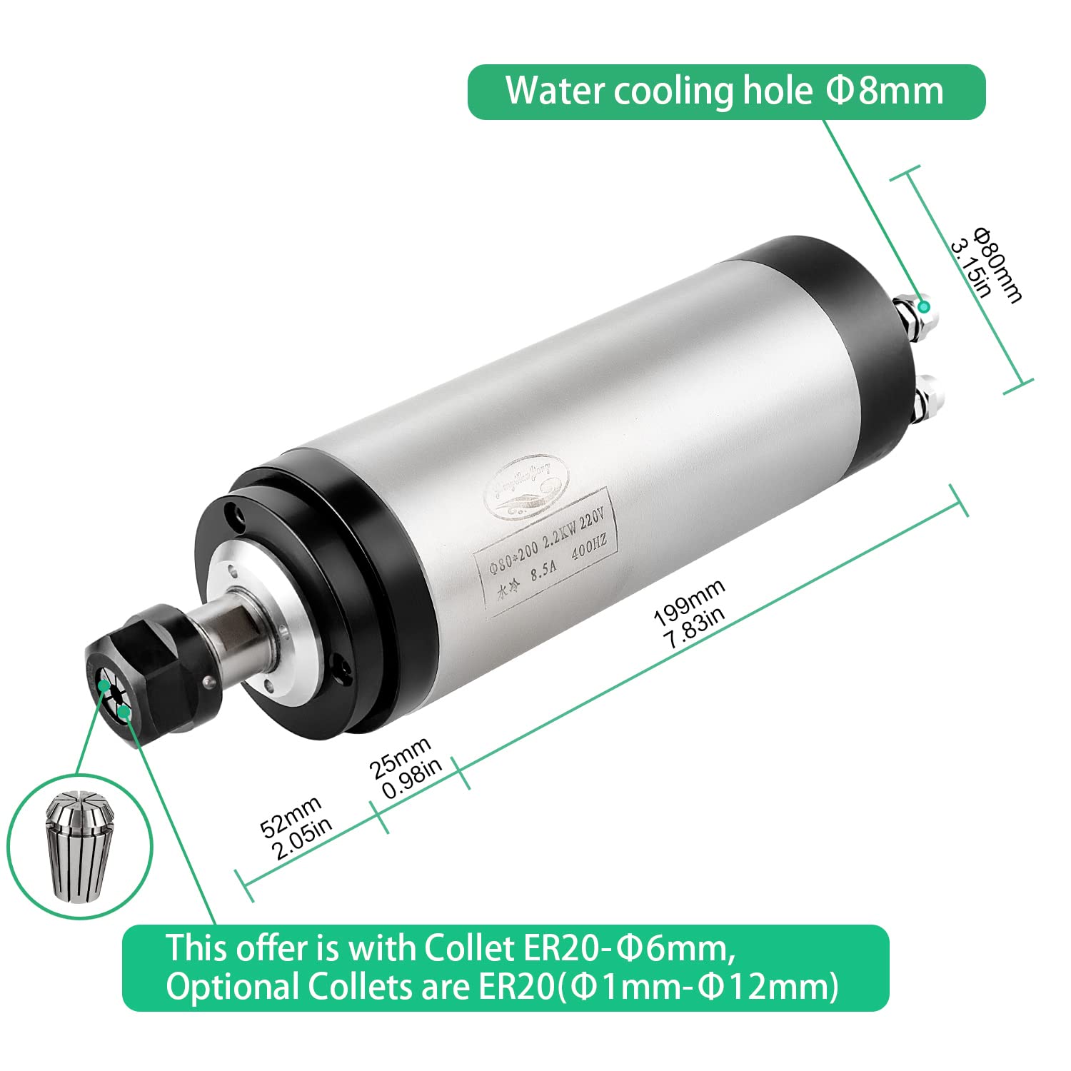 CNC Spindle Motor Kits, 220V 2.2KW 80mm Water Cooled Spindle Motor CNC motor +220V 2.2KW VFD+Clamp Mount +Water Pump+ Water pipe+ER20 Collet set + Zhong Hua Jiang