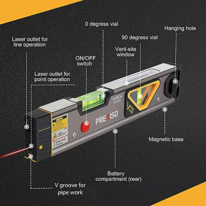 PREXISO 2-in-1 Laser Level 12IN Spirit Level with Light, 100Ft Alignment Point & 30Ft Leveling Line, Magnetic Laser Leveler Tool for Construction - WoodArtSupply