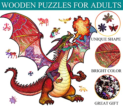 NATITI Wooden Jigsaw Puzzles for Adults, 11'' x 10'', 160 Pcs, Dragon Themed, Gift for Adults, Wood Puzzles Adult, Wood Cut Puzzles, Animal Shaped - WoodArtSupply