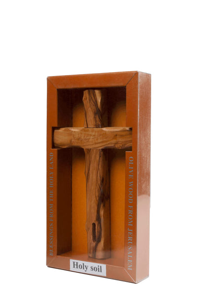 Handmade Olive Wood Carved Dented Ridged Cross with Holy Soil from Holy Land Jerusalem Blessed Christian Souvenir Gift Decor Ornament Bible 6" - WoodArtSupply