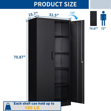 Fesbos Metal Storage Cabinet-71” Tall Steel File Cabinets with Lockable Doors and Adjustable Shelves-Black Steel Storage Cabinet for Home, School, Fesbos