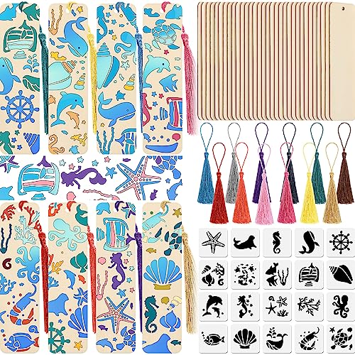 92 Pieces Unfinished Wood Bookmark with Colorful Tassels DIY Templates Blank Bookmarks Ornament Wooden Bookmarks DIY Bookmarks for Kids DIY Crafts TaoBary