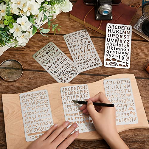 6 Pcs Mixed Letter Number Metal Stencils Plant Wood Stencils Templates Alphabet Symbol Stainless Steel Stencils for Wood Carving Drawing Engraving Lewtemi