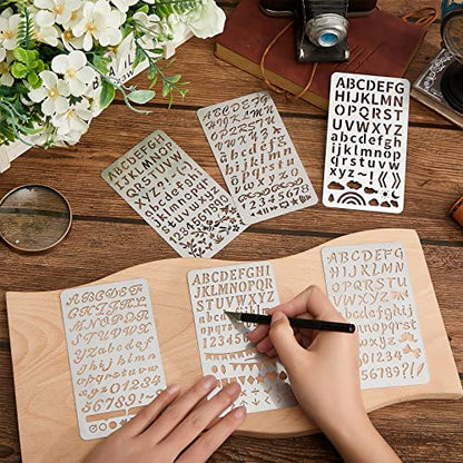 6 Pcs Mixed Letter Number Metal Stencils Plant Wood Stencils Templates Alphabet Symbol Stainless Steel Stencils for Wood Carving Drawing Engraving Scrapbooking Journal Craft DIY (Letter Style)