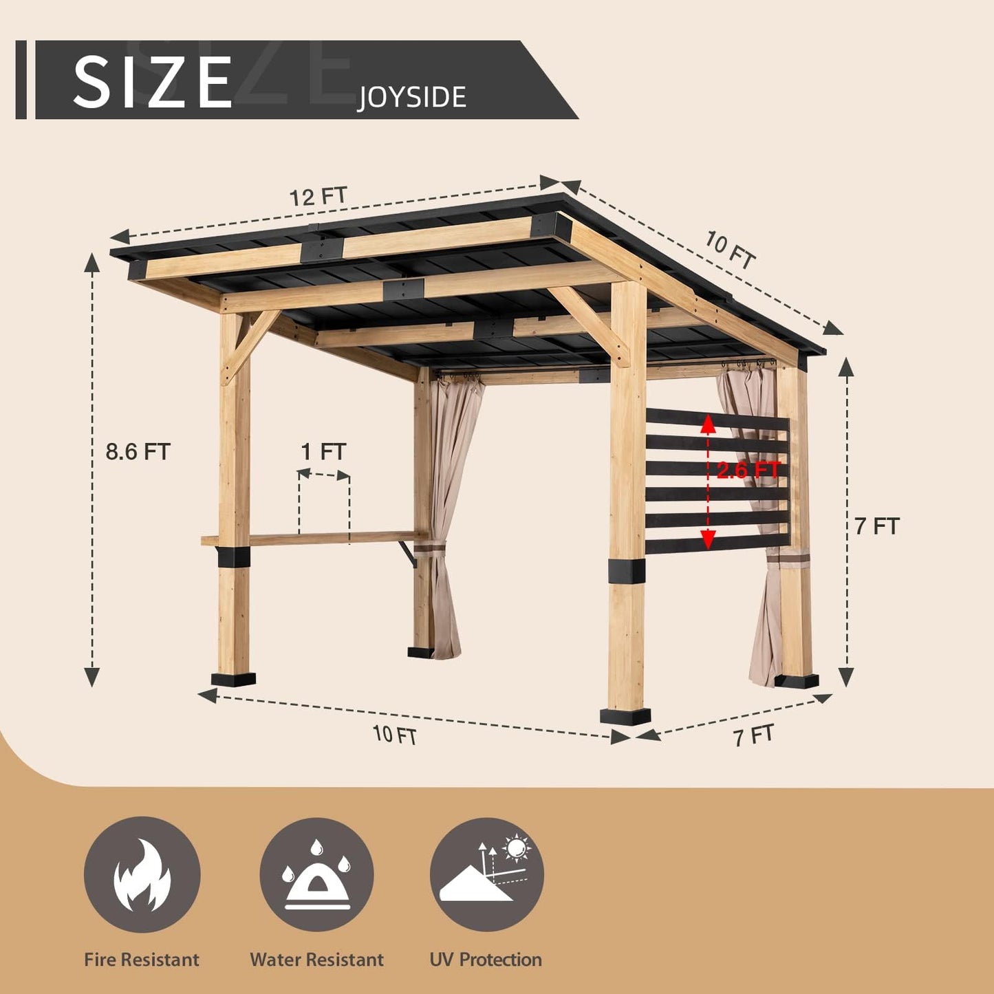 Joyside Cedar Wood Gazebo 10 ft. x 12 ft. - Patio Wood Gazebo with Cedar Frame and Metal Steel Roof Panels, Hardtop Gazebo for Patio Lawn Deck and - WoodArtSupply