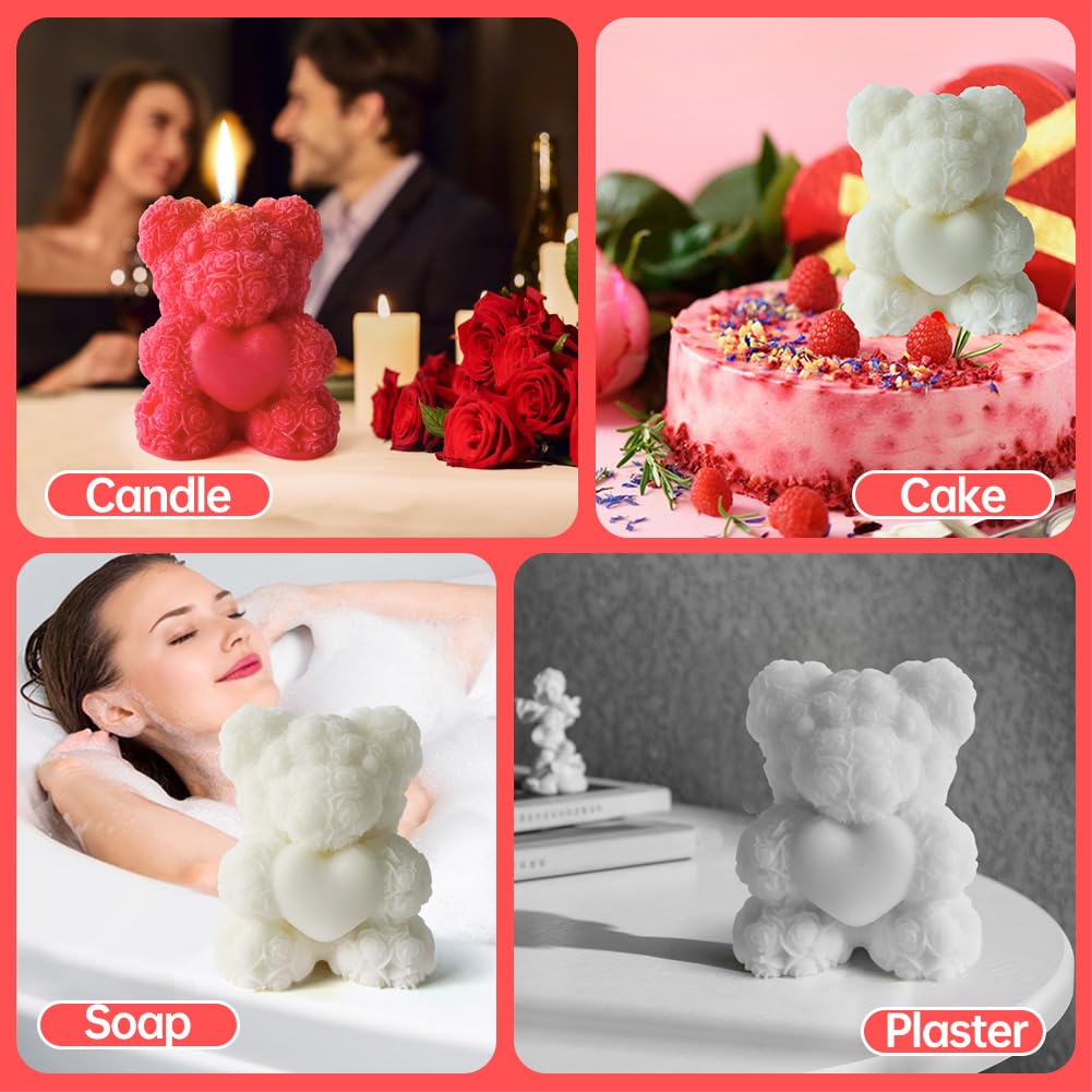 Midnadiy Rose Bear Candle Mold - 3D Teddy Bear Silicone Mold, Large Epoxy Resin Molds for DIY Scented Candles, Handmade Soaps, Birthday Gifts, Midnadiy