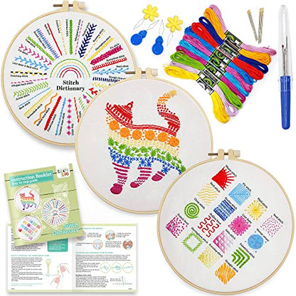 chfine 3 Sets Embroidery Stitches Practice Kit, Learn 23 Different Stitches Embroidery Kit for Beginners with Hoop Tools & Videos for DIY Craft