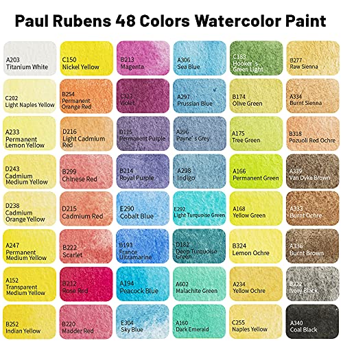 Paul Rubens Artist Grade Watercolor Paint, 48 Colors Solid Cakes with Portable Metal Box for Artists, Beginners, Hobbyists, Students Paul Rubens