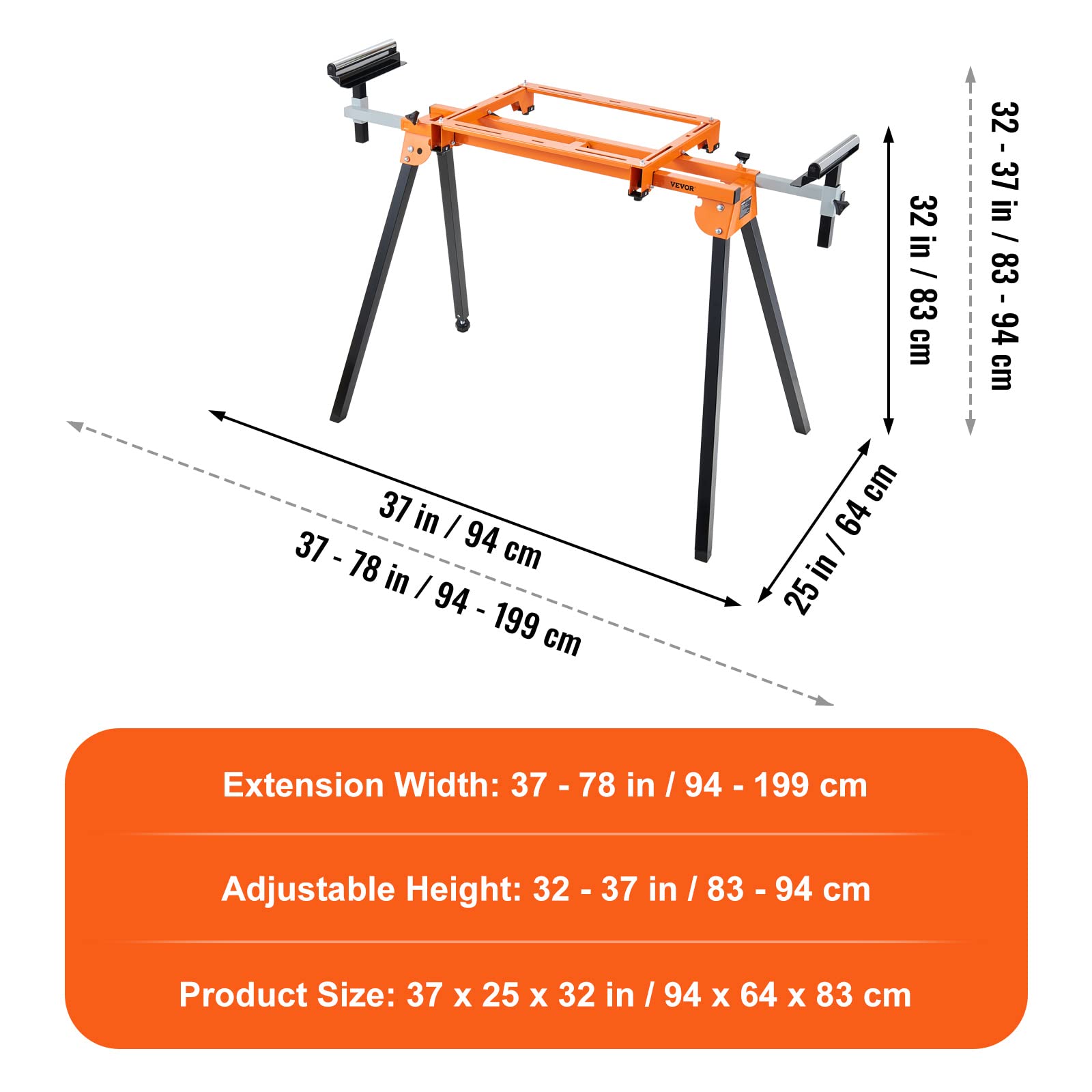 VEVOR Miter Saw Stand, 79in Collapsible Rolling Miter Saw Stand with One-piece Mounting Brackets Clamps Rollers, Heavy Duty Folding Miter Saw Stand - WoodArtSupply