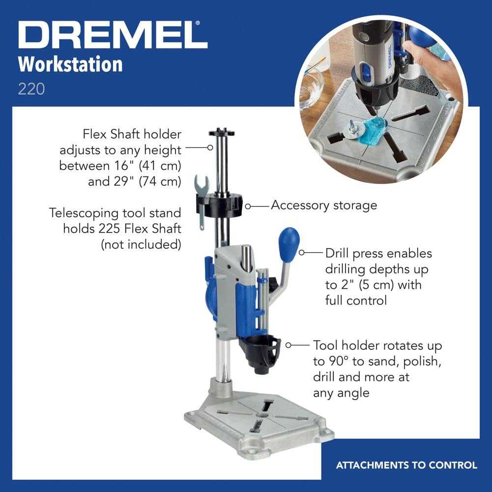 Dremel Drill Press Rotary Tool Workstation Stand with Wrench- 220-01- Mini Portable Press- Holder- 2 Inch Depth- Ideal for Drilling Perpendicular and