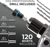 KLRStec Professional Rivet Gun Kit incl. 120 Pop Rivets and 4 HSS Drills - High quality Pop Rivet Tool Kit for processing Blind Rivets KLRS