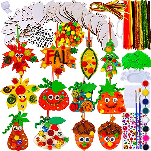 Winlyn 36 Sets Hanging Pumpkin Maple Leaf Acorn Wooden Ornaments Fall Craft Kits Paintable Unfinished Wood Pumpkin Autumn Leaf Acorn Cutouts Pom-Poms