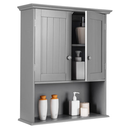 Tangkula Wall Mount Bathroom Cabinet Wooden Medicine Cabinet Storage Organizer with 2-Doors and 1-Shelf Cottage Collection Wall Cabinet (Grey)
