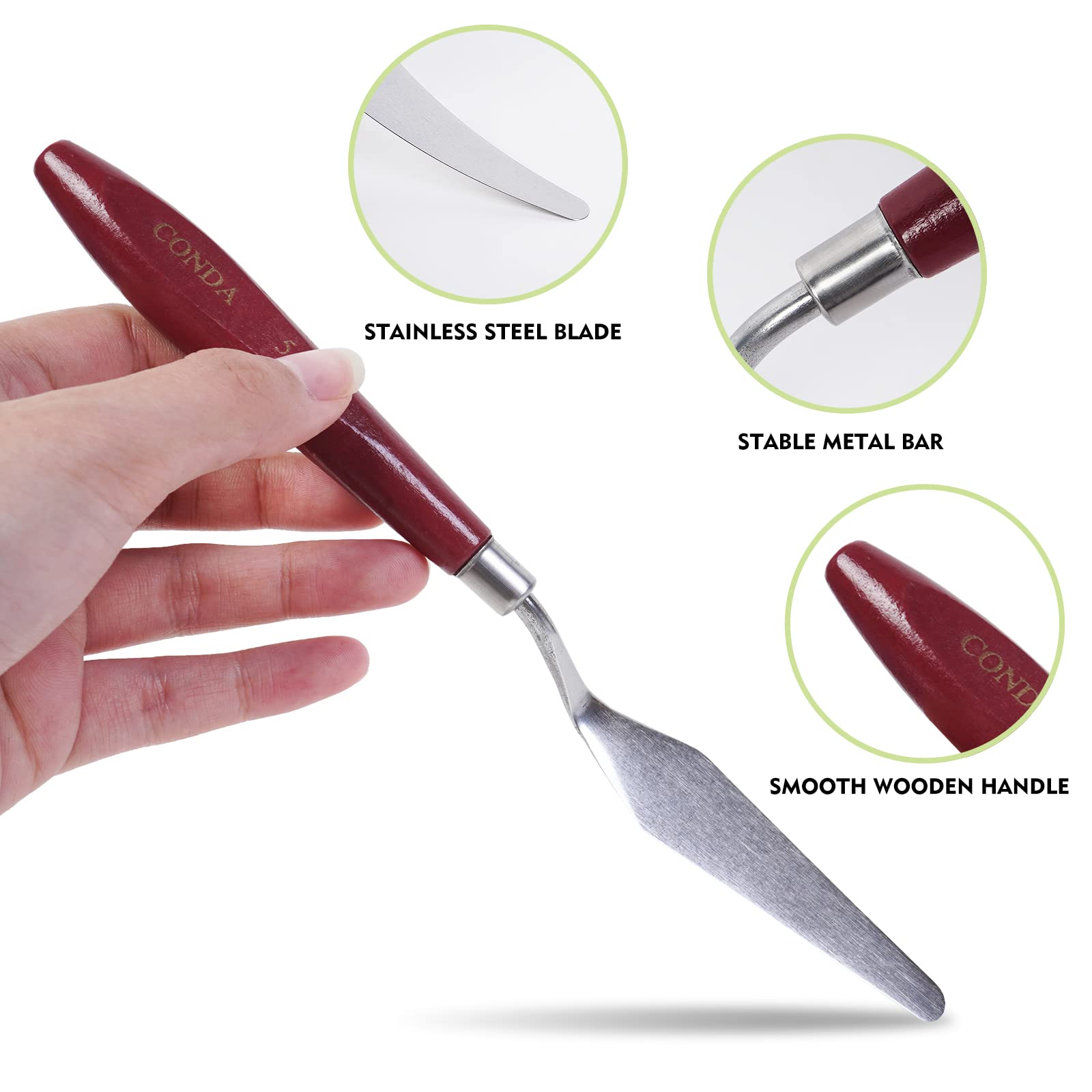 CONDA Palette Knife Painting Stainless Steel Spatula Palette Knife Oil Paint Metal Knives Wood Handle (Red 5 Piece) - WoodArtSupply