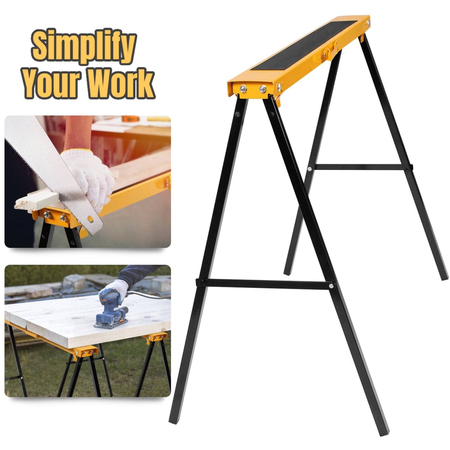 IRONMAX Saw Horses 2 Pack Folding, Heavy Duty Sawhorse w/ Non-slip Work Table Surface & 2x4 Fast Open Legs, Portable Sawhorses Bench Twin Pack for