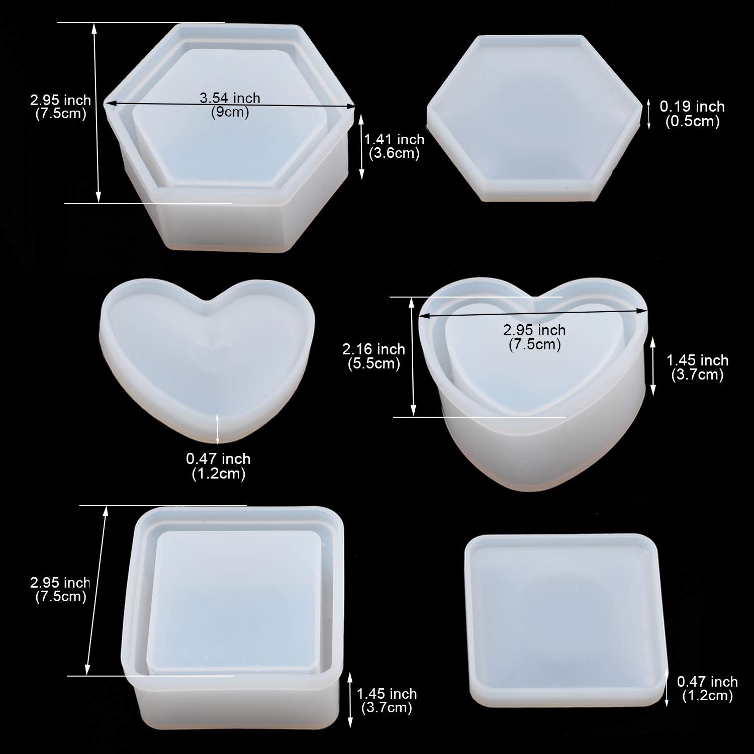 Box Resin Molds, Jewelry Box Molds with Heart Shape Silicone Mold, Hexagon Storage Box and Square Epoxy Molds for Making Resin Molds DHSHRUN
