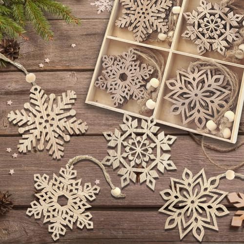 16pcs Large Christmas Wooden Snowflakes Hanging Ornaments DIY Craft Snowflake Wooden Ornaments Cutouts Unfinished Wood Cutout Christmas Decorations MFLUEEWR