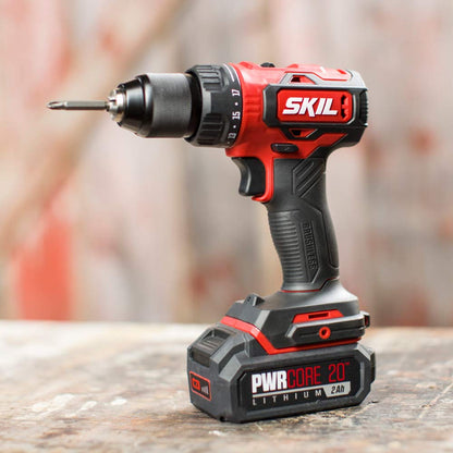 SKIL PWR CORE 20 Brushless 20V 1/2 Inch Drill Driver Includes 2.0Ah Lithium Battery and PWR JUMP Charger - DL529302