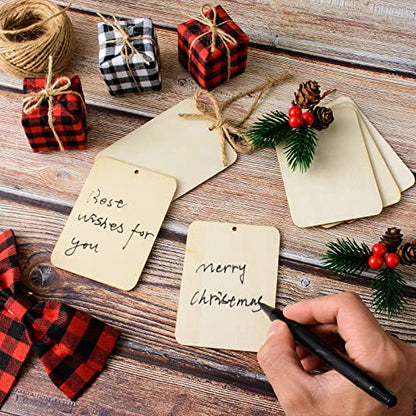 120 Pcs Wooden Tags 2.5 x 3.5 Inch Unfinished Wood Rectangle Square Wooden Cutouts with Holes Wood Ornaments with 32.8ft Rope for Holiday Gift Tags