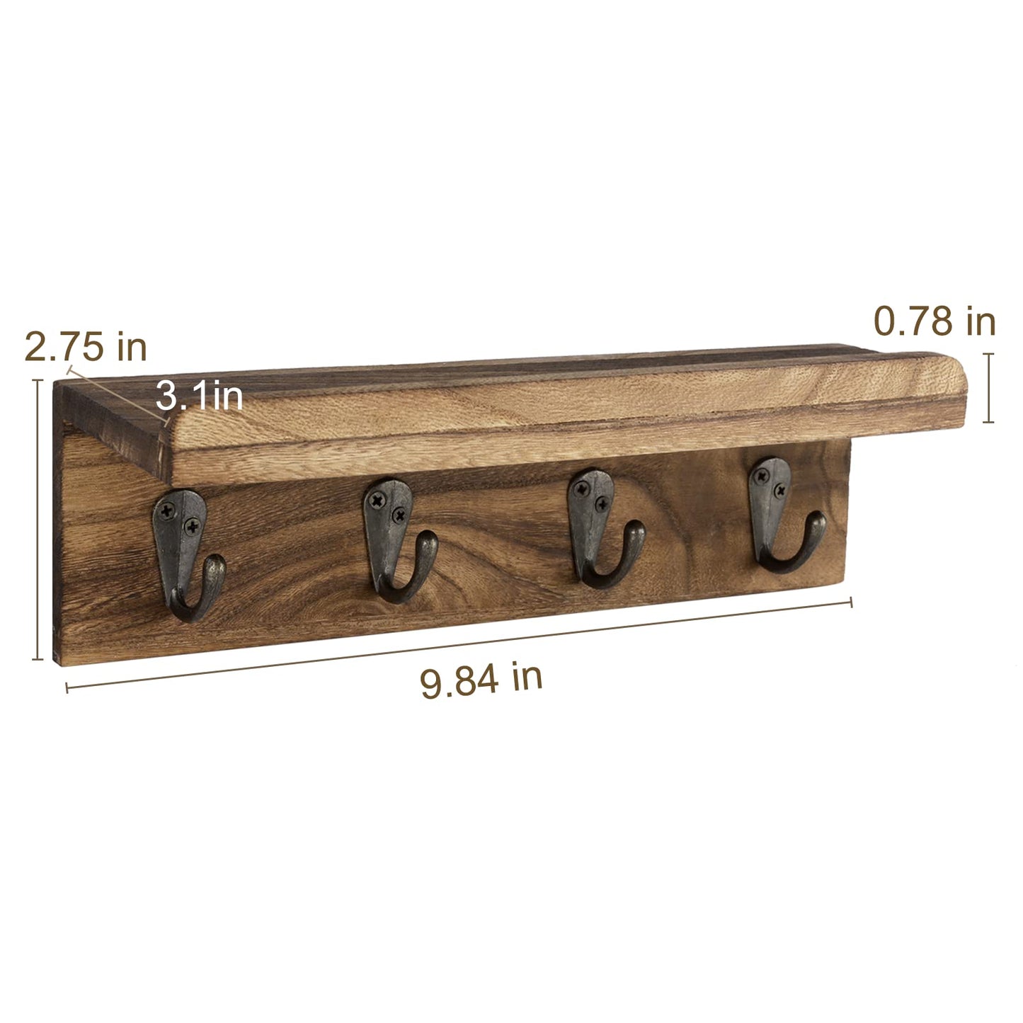 HRONRAD Rustic Key Holder for Wall, Farmhouse Wall Shelf with 4 Hooks, Wall Mounted Key Racks, Wooden Mail Organizer with Hooks for Entryway (Brown) - WoodArtSupply