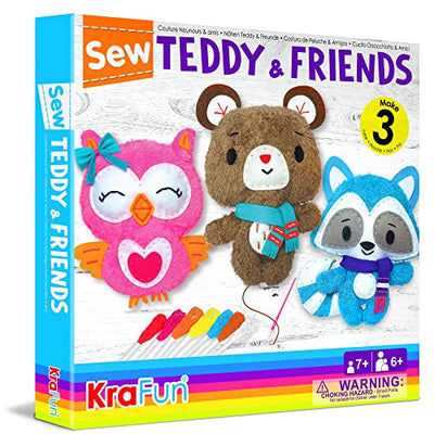 KRAFUN Sewing Kit for Kids Age 7 8 9 10 11 12 Beginner My First Art & Craft, Includes 3 Stuffed Animal Dolls Teddy, Raccoon and Owl, Instructions &