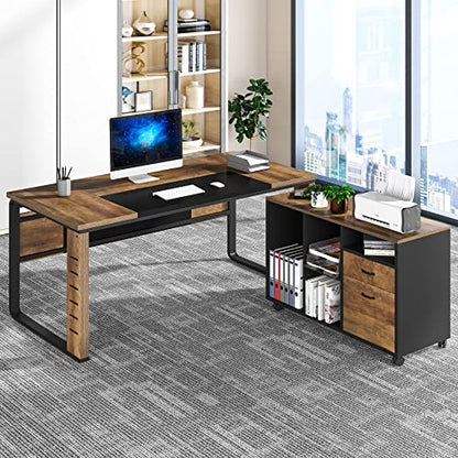 LITTLE TREE 59'' Large Executive Desk with 39.4'' File Cabinet, L-Shaped Computer Desk with Drawer Cabinet, Industrial Wooden Corner Desk Business