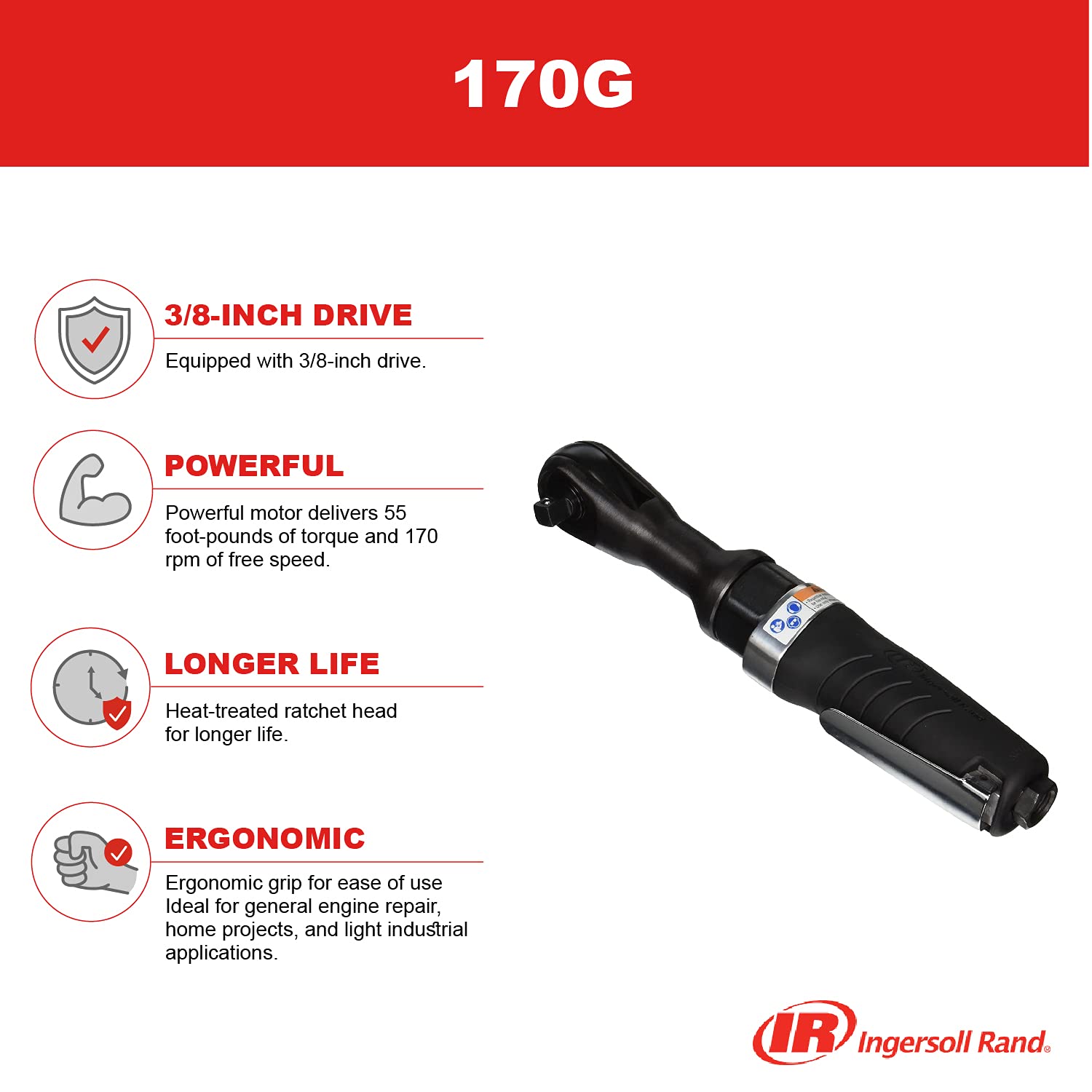 Ingersoll Rand 170G Edge Series 3/8” Drive Air Ratchet Wrench, 55 ft lbs Max Torque Output, 170 RPM, Comfort Grip, Lightweight, Compact, Black Ingersoll Rand