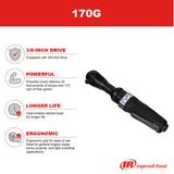 Ingersoll Rand 170G Edge Series 3/8” Drive Air Ratchet Wrench, 55 ft lbs Max Torque Output, 170 RPM, Comfort Grip, Lightweight, Compact, Black Ingersoll Rand