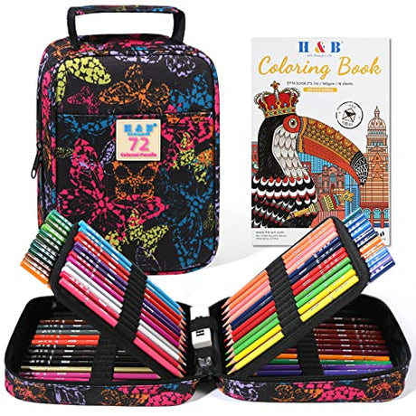 H & B 72-Color Colored Pencils Set with Coloring Book, Eraser, and Sharpener - Perfect for Drawing and Coloring - Soft Oil-Based Cores Ideal for H & B