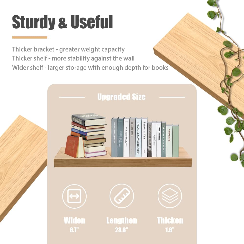 Habudda Floating Shelves, Wooden Wall Shelf for Rustic Decor, Hanging Display Shelving for Bedroom Bathroom Kitchen Living Room, Natural Wood, Habudda