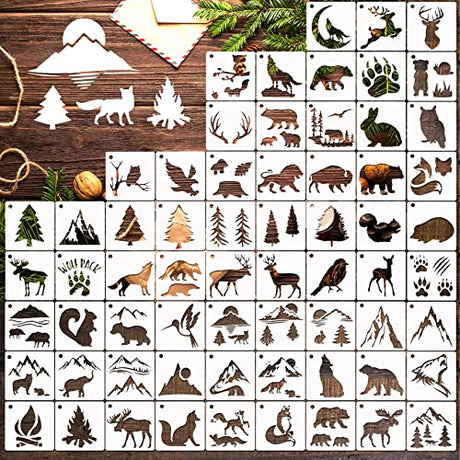 65 Pieces Animal Stencils for Painting, Small Reusable Deer Bear Stencil Template Tree Bee Bird Mountain DIY Craft Paint Stencils for Painting on Hosomono
