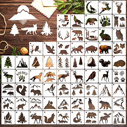 65 Pieces Animal Stencils for Painting, Small Reusable Deer Bear Stencil Template Tree Bee Bird Mountain DIY Craft Paint Stencils for Painting on Wood Wall Card Rock Decor (Wildlife)