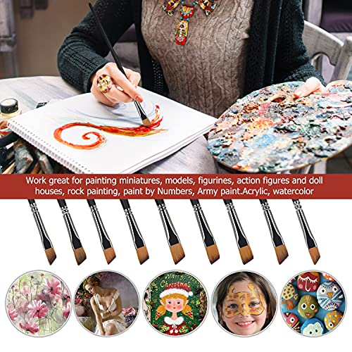 Angular Paint Brush, 9PC Oblique Tip Nylon Hair Long Handle Angled Paint Brushes Set Art Artist Professional Painting Supplies for Acrylic, golden maple