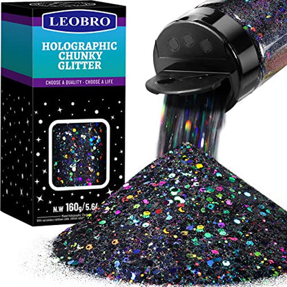 LEOBRO Black Glitter, Holographic Chunky Glitter, 160G/5.64OZ Glitter, Craft Glitter for Resin, Metallic Iridescent Chunky Fine Glitter Sequin Flake - WoodArtSupply