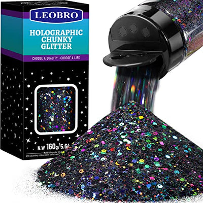 LEOBRO Black Glitter, Holographic Chunky Glitter, 160G/5.64OZ Glitter, Craft Glitter for Resin, Metallic Iridescent Chunky Fine Glitter Sequin Flake