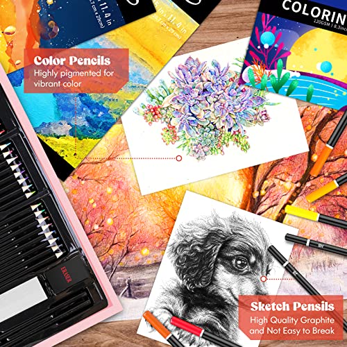 Caliart Pink Art Supplies, 153-Pack Deluxe Wooden Art Set Crafts Drawing Painting Coloring Supplies Kit with 2 A4 Sketch Pads, Halloween Creative Caliart