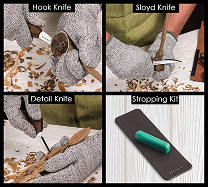 Wood Carving Tools Set for Spoon Carving Kit 3 Knives in Tools Roll Leather Strop and Polishing Compound Spoon Carving Tools Hook Sloyd Detail Knife - WoodArtSupply