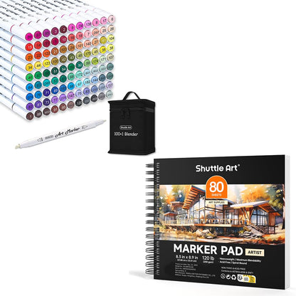 Shuttle Art Alcohol Marker Pad Bundle, Set of 101 Colors Dual Tip Alcohol Markers + 80 Sheets Marker Pad - WoodArtSupply