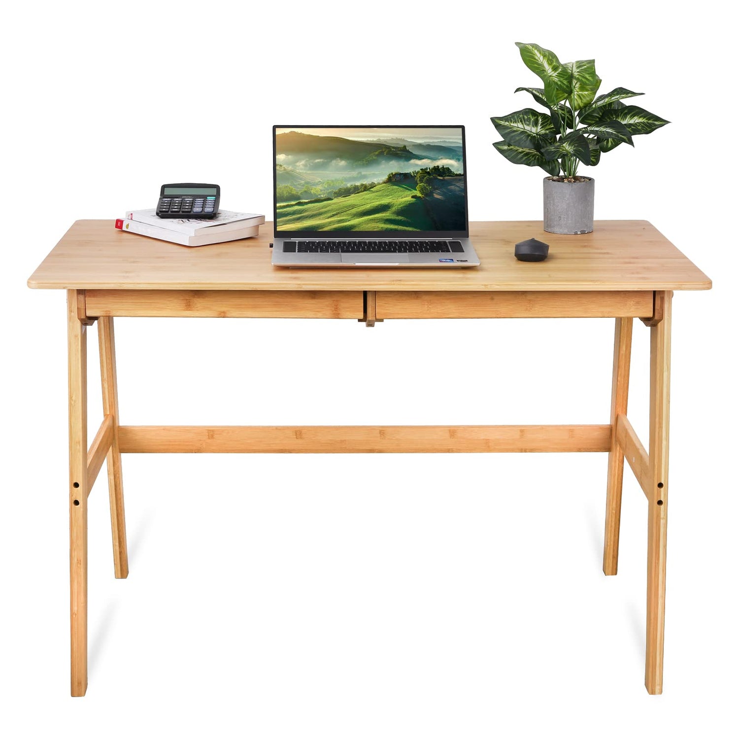Dicunoy Computer Desk with 2 Drawers, 46" Solid Bamboo Home Office Writing Desk for Small Space, Compact Simple Tables with Gap Design and Hook for Dicunoy