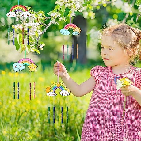 TREACLUB 12 Pack DIY Wind Chime Kits for Kids, Make Your Own Rainow Wind Chime DIY Coloring Star Moon Sun Make A Wind Chime Kits Wooden Arts and TREACLUB