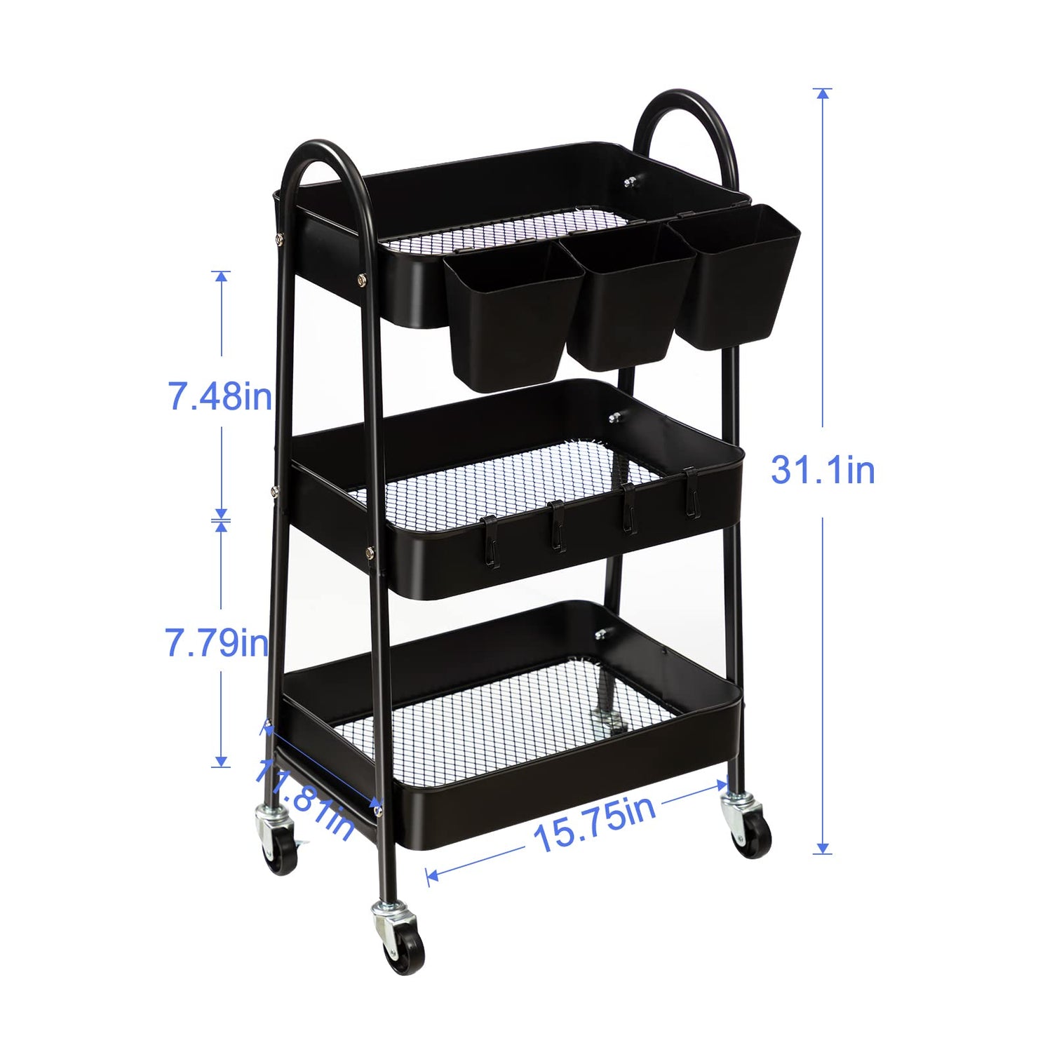 danpinera 3-Tier Rolling Cart, Metal Rolling Storage Cart with Lockable Wheels & Hanging Cups & Hooks, Mobile Trolley Cart for Kitchen, Bathroom, danpinera