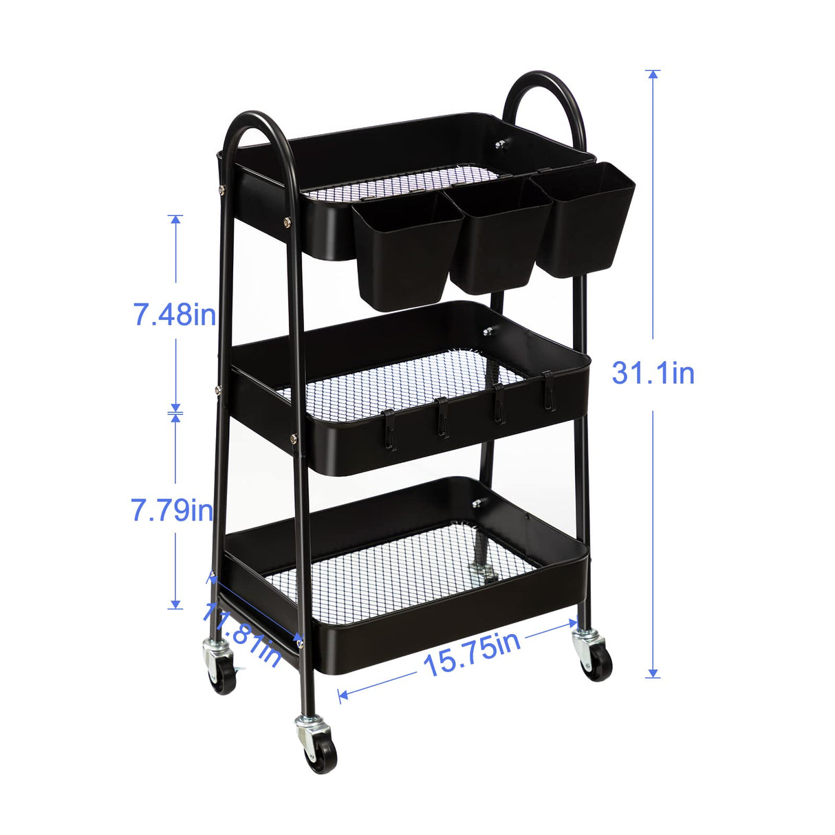 danpinera 3-Tier Rolling Cart, Metal Rolling Storage Cart with Lockable Wheels & Hanging Cups & Hooks, Mobile Trolley Cart for Kitchen, Bathroom, danpinera