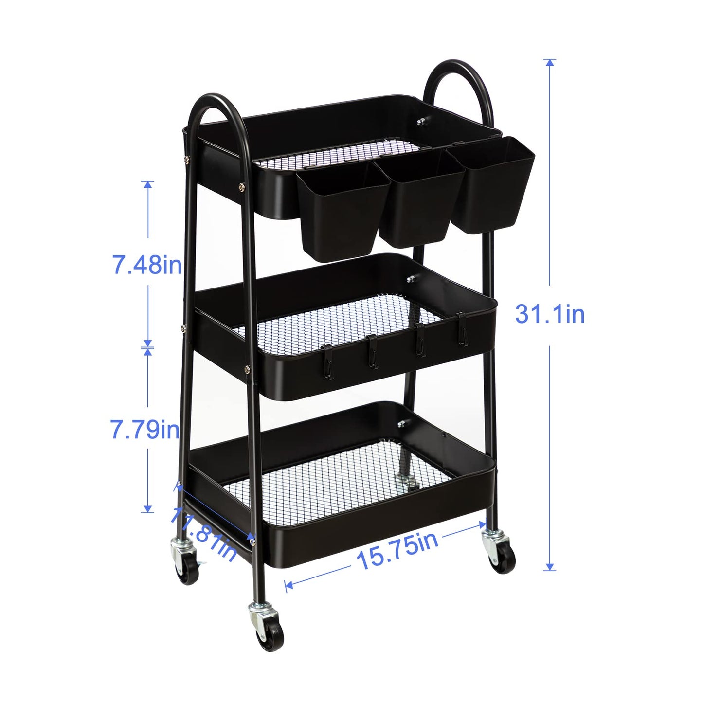 danpinera 3-Tier Rolling Cart, Metal Rolling Storage Cart with Lockable Wheels & Hanging Cups & Hooks, Mobile Trolley Cart for Kitchen, Bathroom,
